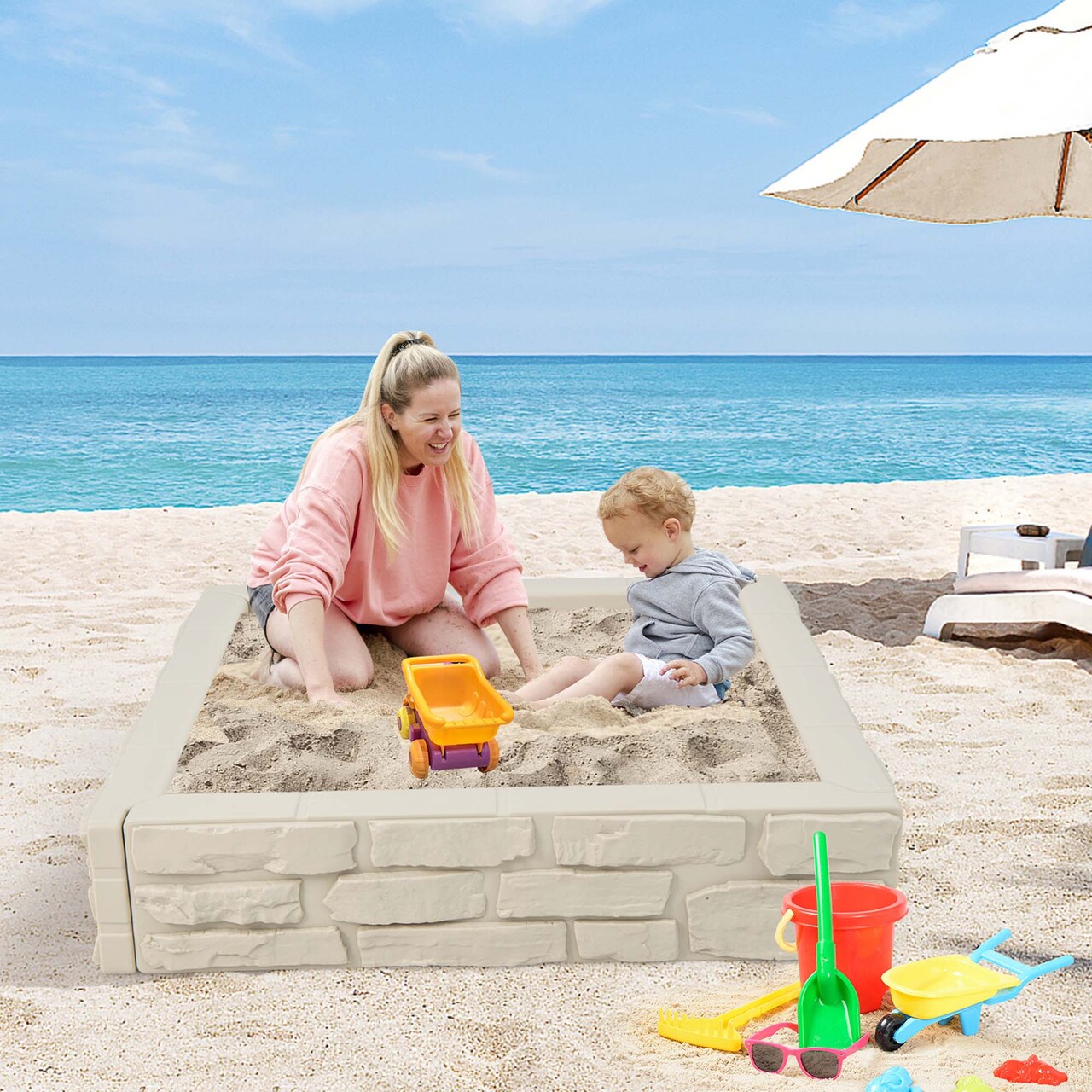 Costway Kids Sandbox with Cover Bottom Liner Backyard Beach HDPE Sandpit for Outdoor Play Brown/White/Gray